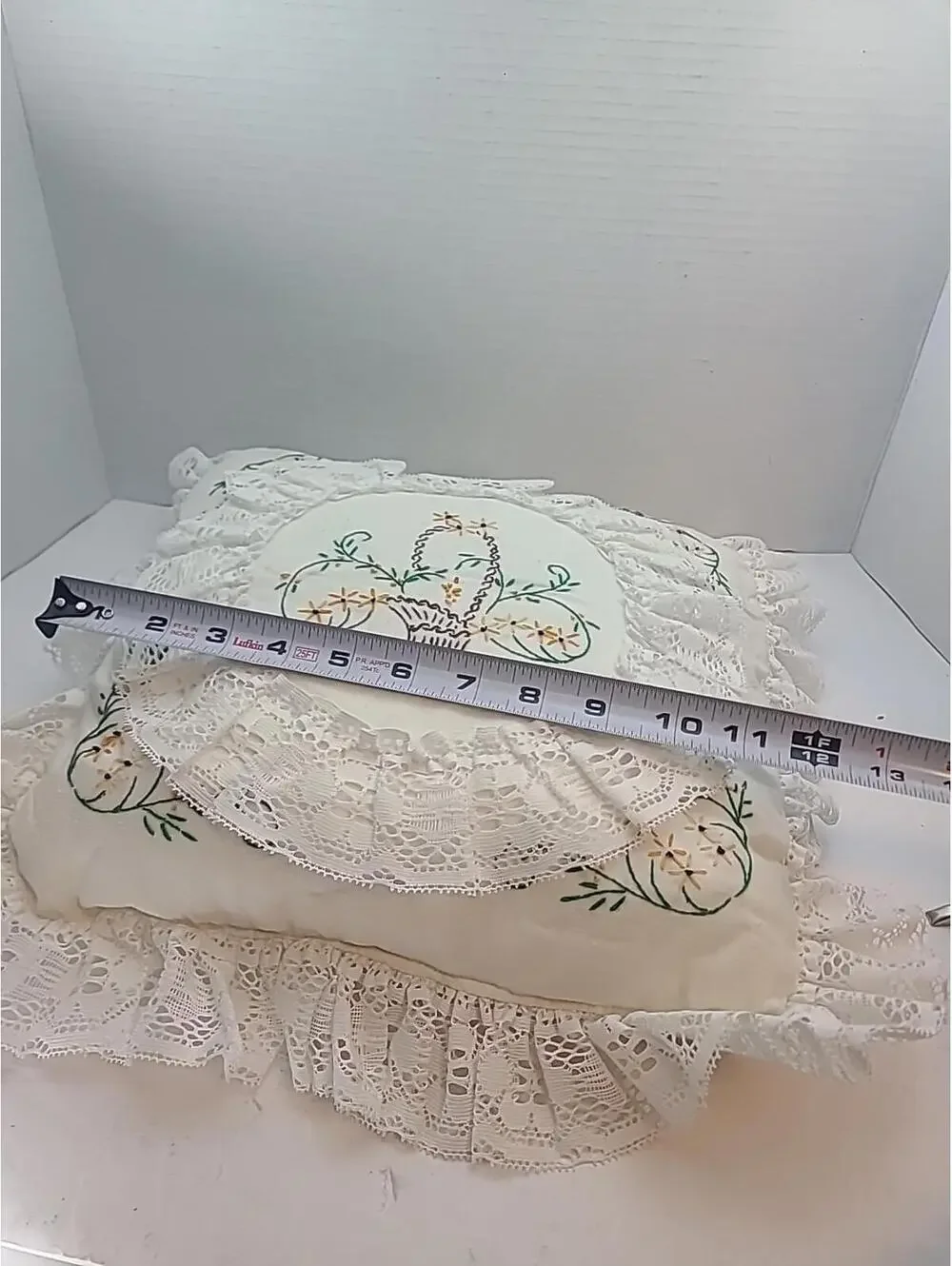 Shabby Chic Hand Stitched Embroidered Pillow With Lace Trim Cottagecore 12x12